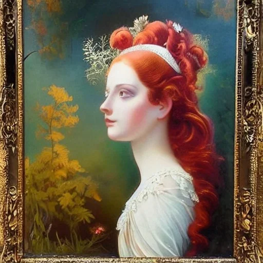 Young maggie rizer, meticulously detailed face, meticulously detailed multi-hued long red hair; ethereal fantasy. Maxfield Parrish. realistic oil painting. Victorian era, glitter, luminous color sparkles, old fashioned, vintage, antique, beautiful, renaissance, 16k