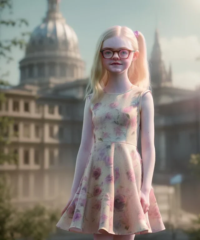 Elle fanning toddler, full body, city background, floral dress, dramatic lighting, hyper realistic