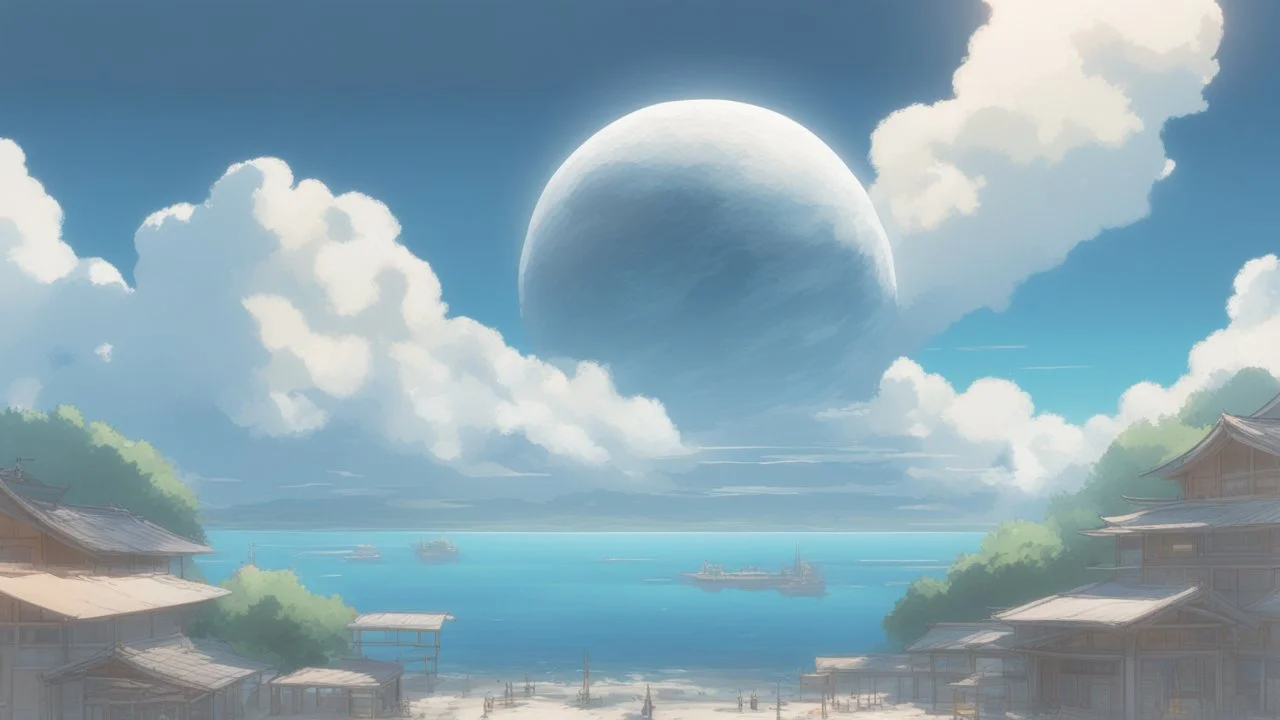 giant half transparent moon, glitchy, blurry, mechanical, sci-fi, maximum quality, centered on frame, far view, seasidel, white sky with cumulonimbus, anime, makoto shinkai style, seaside japanese village