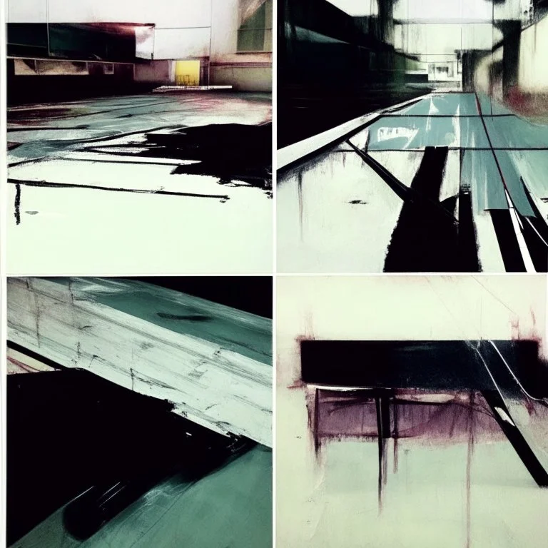 Minimal abstract oil paintings desolate 1960s carpark concrete fragments and naked bodies. style of Justin Mortimer and Francis Bacon. road markings.