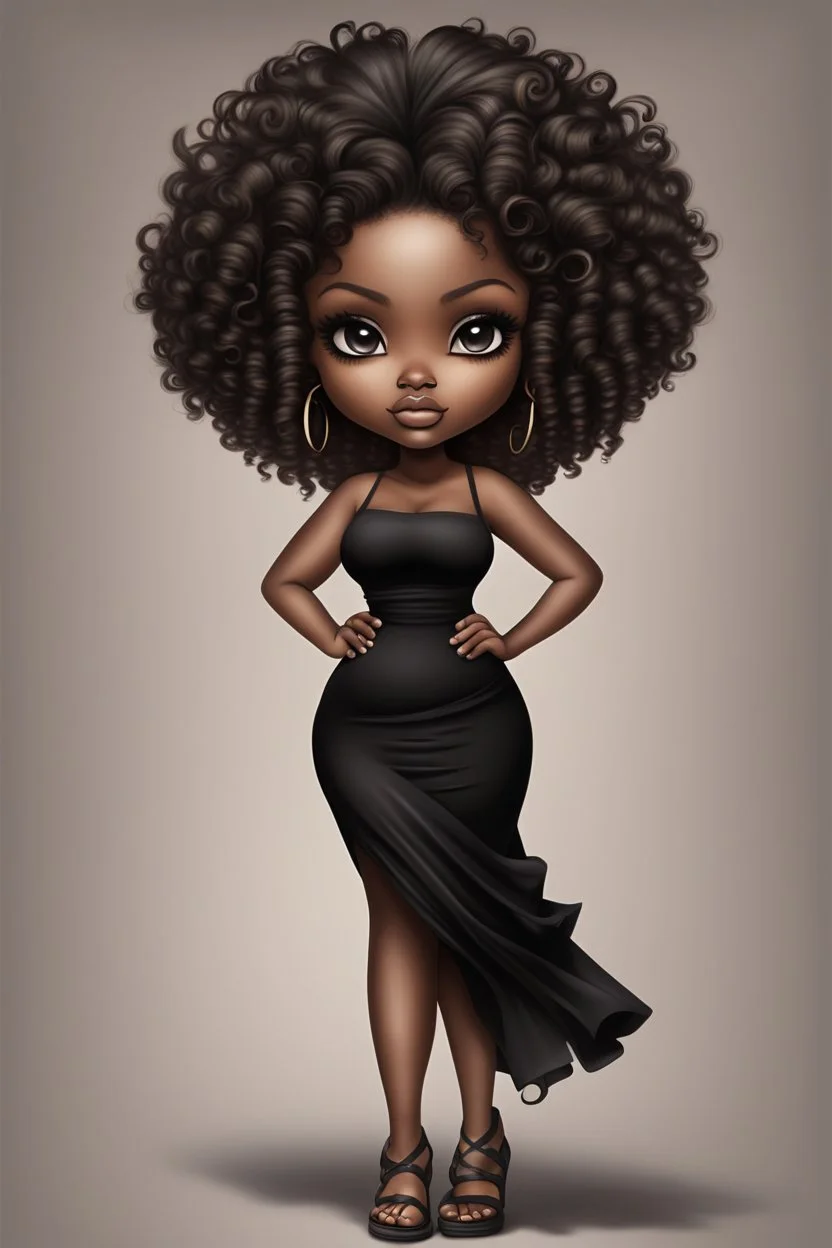 create a digital airbrush image of a chibi curvy black female wearing a black maxi dress and black sandals. Prominent make up with brown eyes. Highly detailed wild tight curly blonde afro.