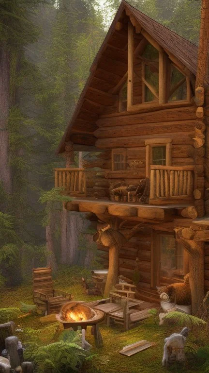 A cabin in the woods, a big brown bear, a movie scene, a more accurate picture