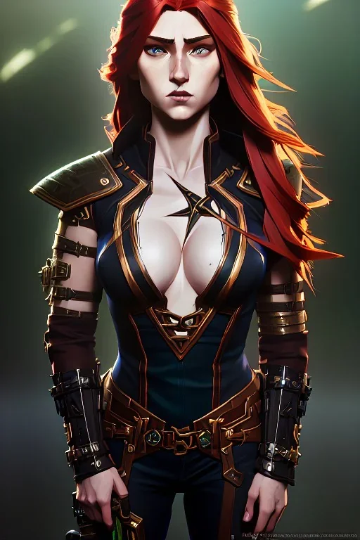 hyper realist, hyper detailed, stunningly beautiful teen woman, long ginger hair, green eyes, medium freckles, full lips, skimpy fantasy intricate leather armour, full body and head, c-cup breasts, aroused expression, full frame, petite, centered camera