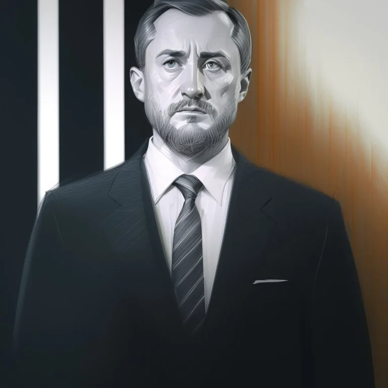 noble president, portrait, confident posture, concerned look, short beard; very short hair, politician suit; somber pencil sketch style, black and white, grayscale, graphite pen;