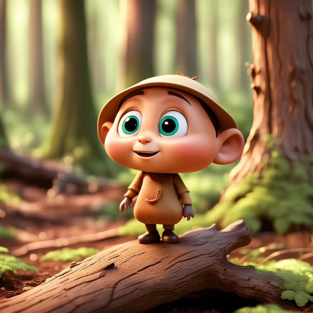 a little Cute Figure lives in the Wood, with cute face, pixar, disney style