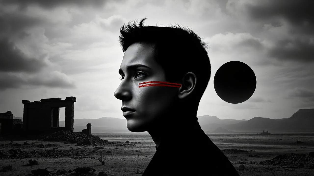 black and white portrait, a human face in profile, gaze into nothingness, three red engraved stripes on the face, alone, pain, background behind it a surreal, barren landscape, ruins, and a black sun. dark, thriller, gloomy vibe, utopian, dramatic