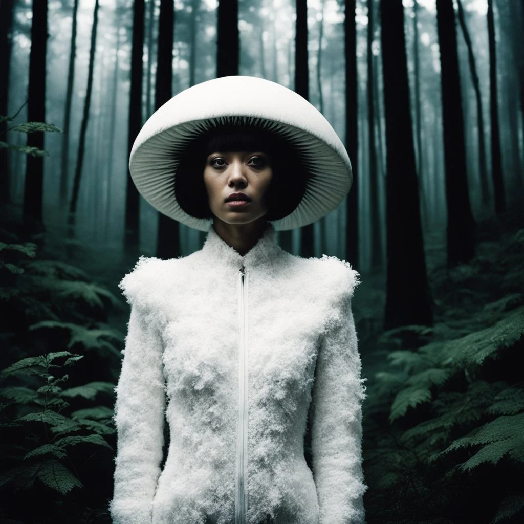 [art by Daido Moriyama] in the heart of a dark and spooky forest, a woman with big eyes, her head enclosed in a giant mushroom cap, stands trembling. SHARON WHITE is clad in sloggi white cotton agent provocateur a full-body mushroom symbiote suit made of white mycelium, blending seamlessly with the eerie surroundings. ready for a thwack