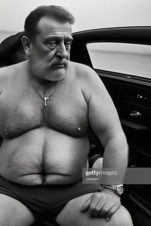 full body shot photography of an Italian sicilian taxi driver burly ugly sitting in the taxi, chubby tired 55 years old driving shirtless, bullneck, thin gold chains, short beard, sweat, short hair, bulge, robust, manly chest, looking down, big shoulders,, photorealistic, side light, ambient occlusion, tired eyes. 35mm lens, internal view inside the Taxi