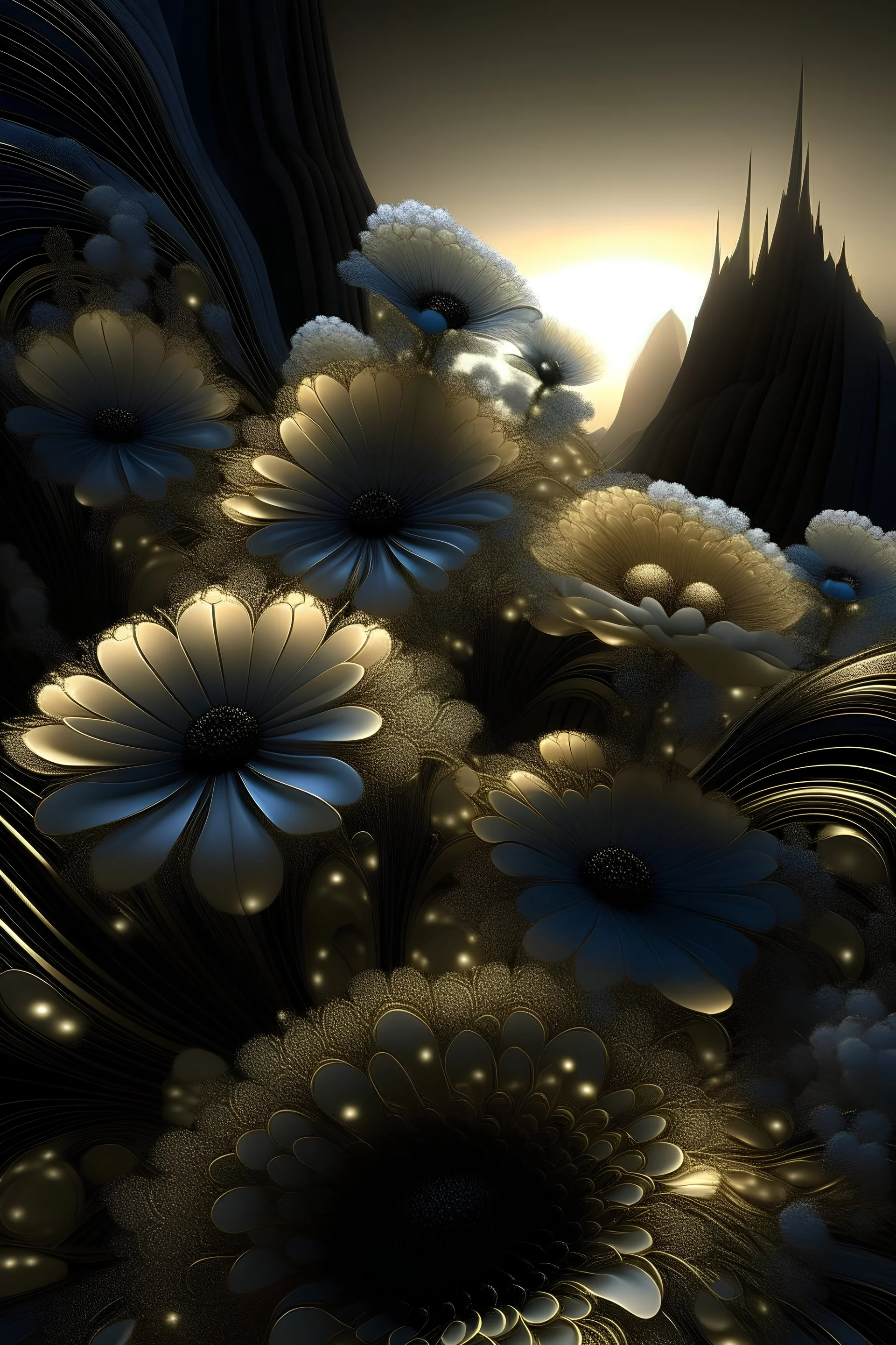 cosmos, scale, phantasmagoria, golden city in space, white, beige, black, blue transparent flowers with gold edging in front, sunset, cascade, fractal, glitter, clear detailed drawing, grotesque, engraving, optical illusion, illustration, surrealism, realistic, beautiful, lumen, professional photo,beautiful,3d, realistic,64k, high resolution, high detail, digital painter1/500