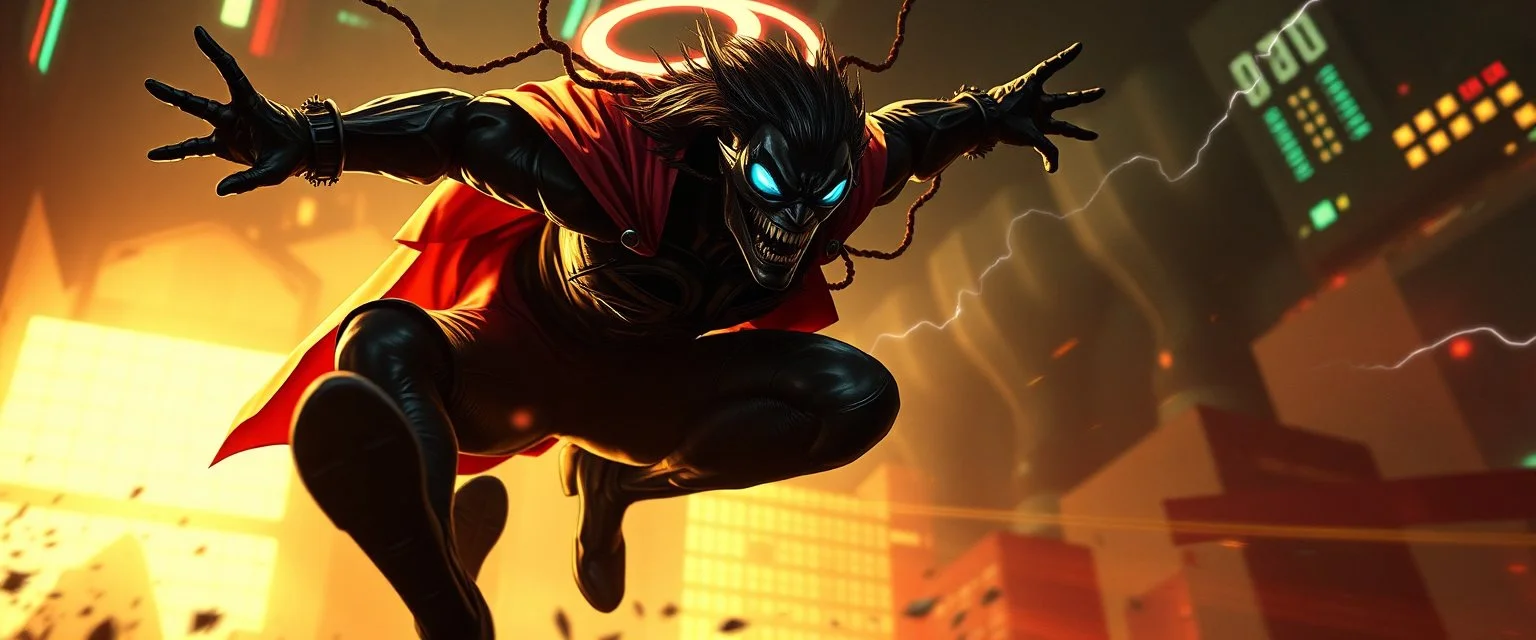 vampire cyberpunk action scene, acrobatic dodge, cape harlekin, spider venom, sun glasses, sinner, spirit, halo, will o wisp