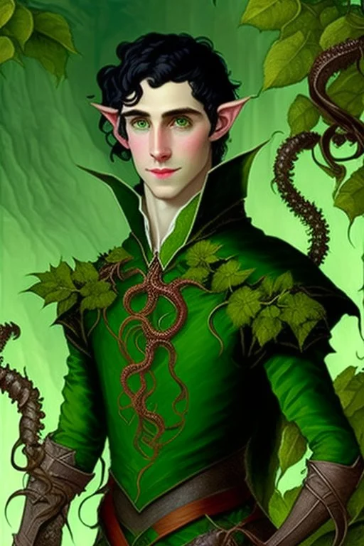 young half-Elf nobleman with green thumbs and 2 vine-like tentacles with black hair and green eyes and green thumbs with claws in the style of Beresford Egan