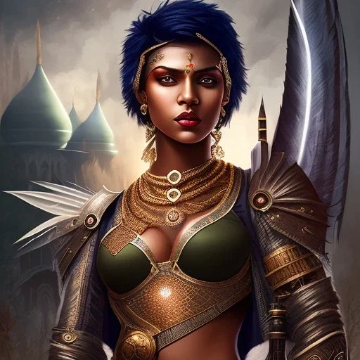 fantasy setting, woman, dark-skinned, indian, ranger, 23 years old, one side shaved, half-hawk haircut,