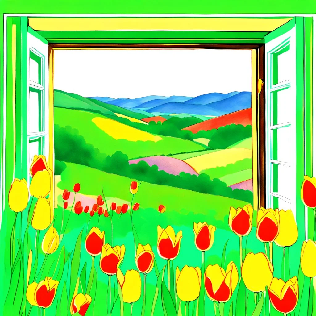 Drawing of an open window from an exterior wall of a house looking out into a valley with a rural landscape of green hills, yellow flower beds, the front of the house wall is painted pale green with peeling plaster, red tulips and yellow sedges are growing in the front of the house, Pamela Asherson style art painting, deviantart, Magic realism, detailed painting, whimsical, magical