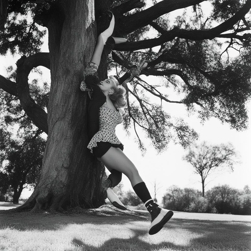 [high-resolution photo by Russ Meyer] she swings in her socks, under a tree [bottom view].
