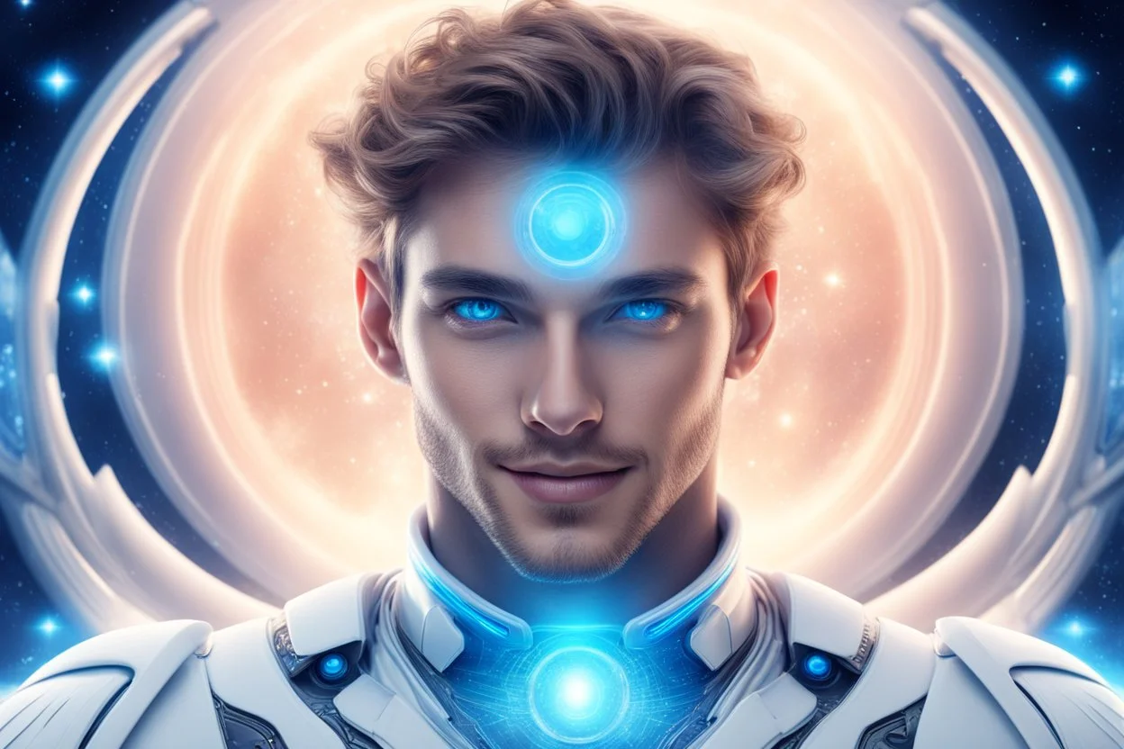 cosmic beautiful futuristic angelic man , with blue eyes and sweety smile