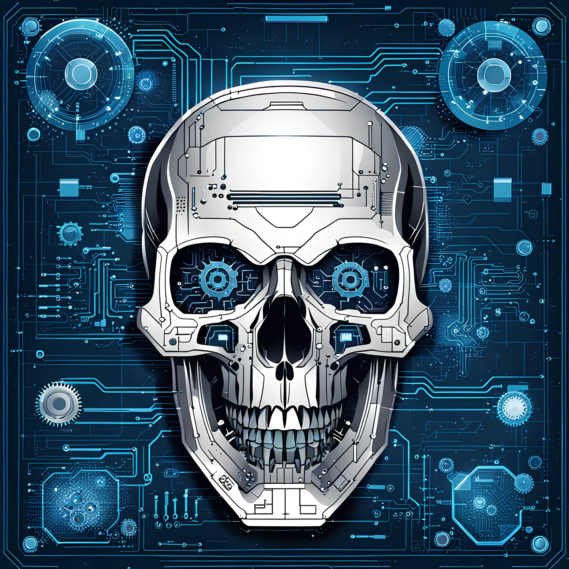 FLAT VECTOR LAYERED IMAGE OF CYBERNETIC SKULL PARTS IN A SCHEMATIC