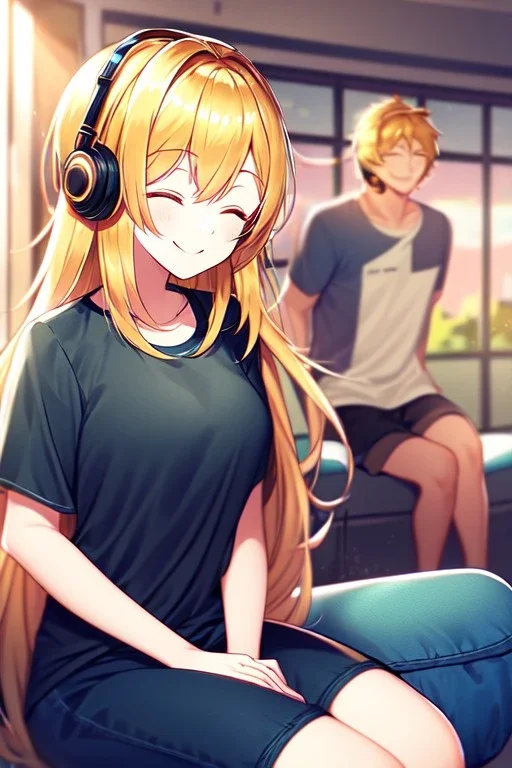 girl, masterpiece, best quality, cinematic lighting, detailed outfit, vibrant colors, perfect eyes, golden hair, long hair, closed eyes, headphones on head, listening to music, smile, sitting, indoors, god rays, casual clothes,