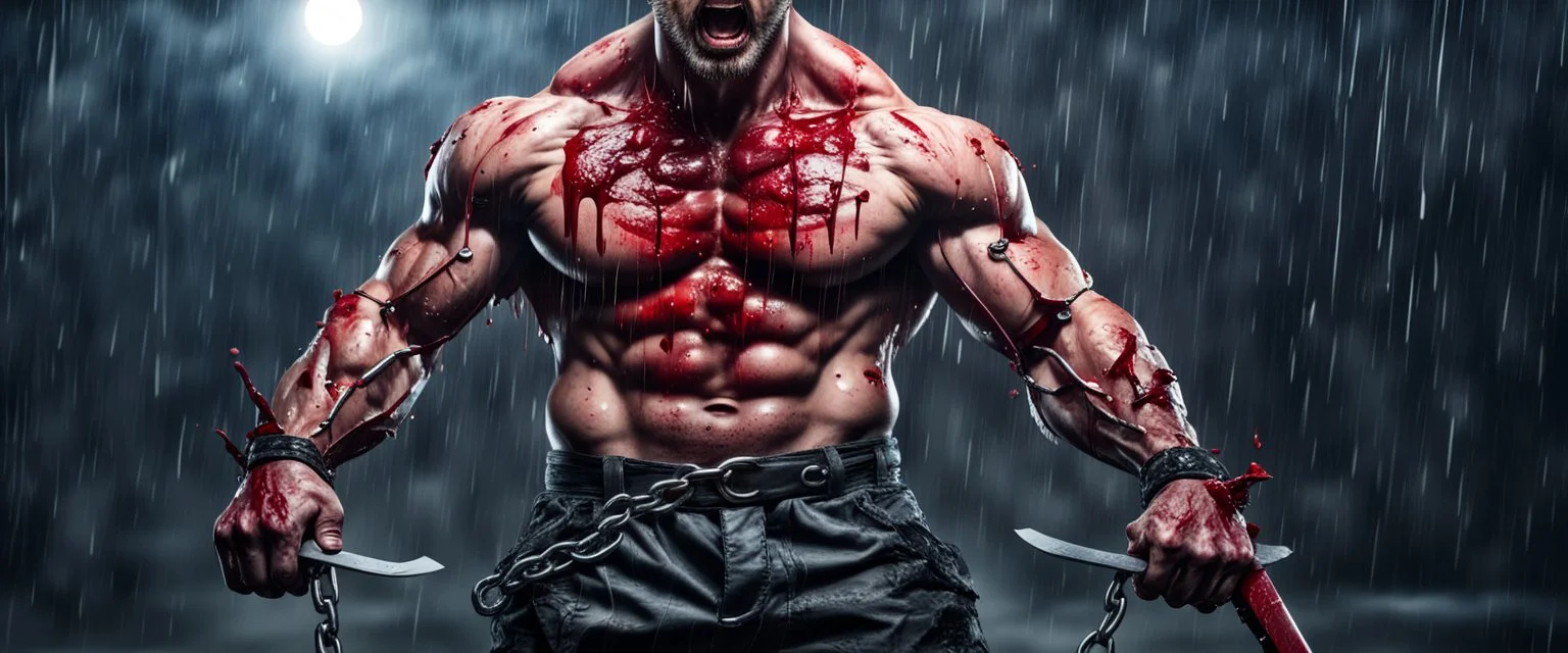 Hyper realistic angry furious muscular man carrying a fancy knife with blood on it standing on a metal surface with hanging metal chains at rainy night