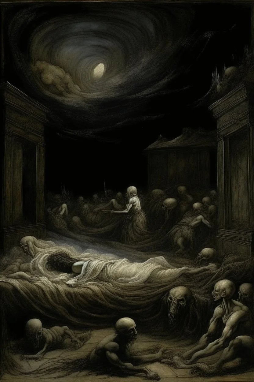 A black nightmare realm painted by Leonardo da Vinci