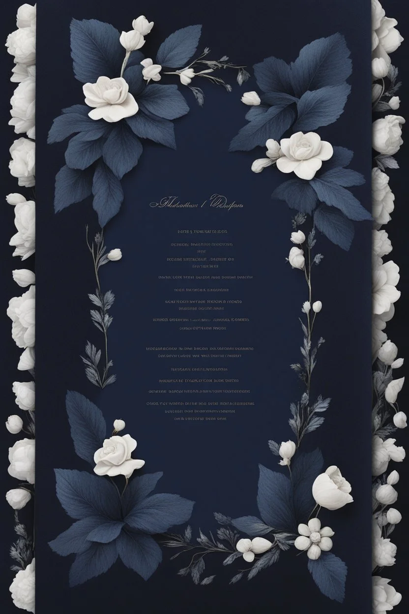 An extremely formal, funeral program for a black man on darkest blue deeply pigmented velvet paper with brilliant, brightest heavy white fonts, simple, minimalistic, less element, very dramatic lighting, detailed, white flowers,