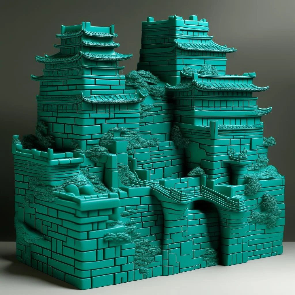 A greenish blue great wall fortress designed in Maori sculptures painted by Qiu Ying