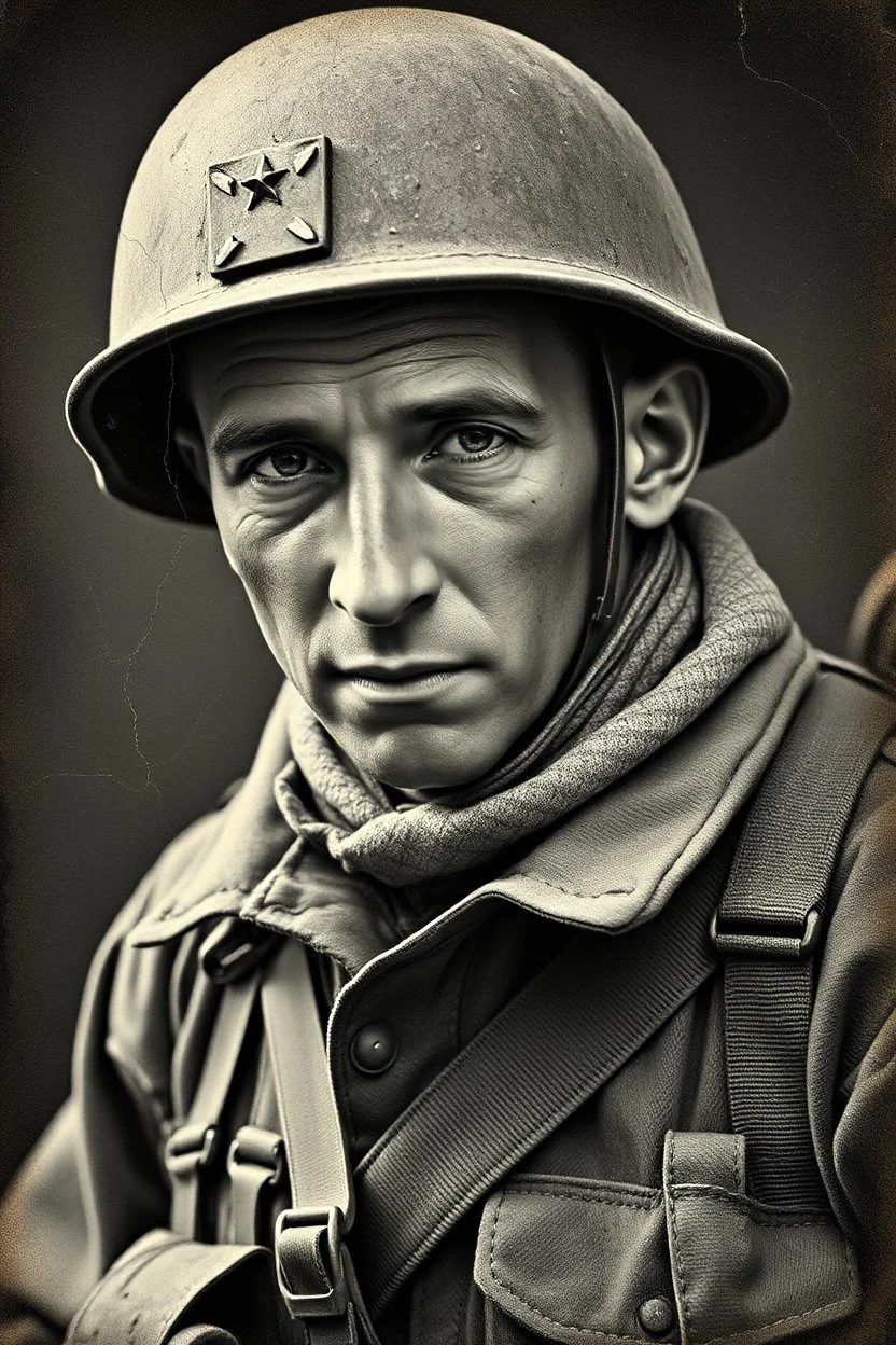 Photo of an American soldier from the World War II, realistic, old photo, cracks, black and white