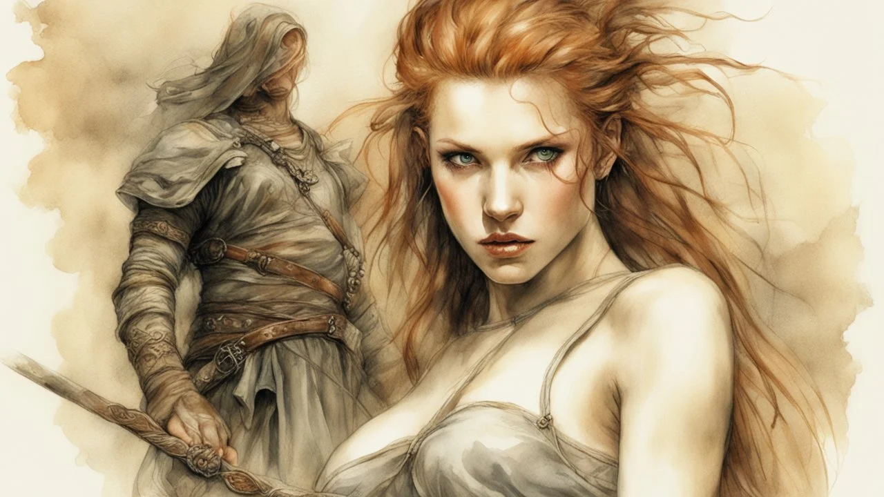 Hyper-photorealistic watercolor art style by Luis Royo , ginger-haired woman with natural skin tones, hyperdetailed face, full body diagonal shot, encounters male bandits in dark fantasy countryside setting, absence of mysterious elements, dramatic lighting, ultrafine detail, octane rendering., by