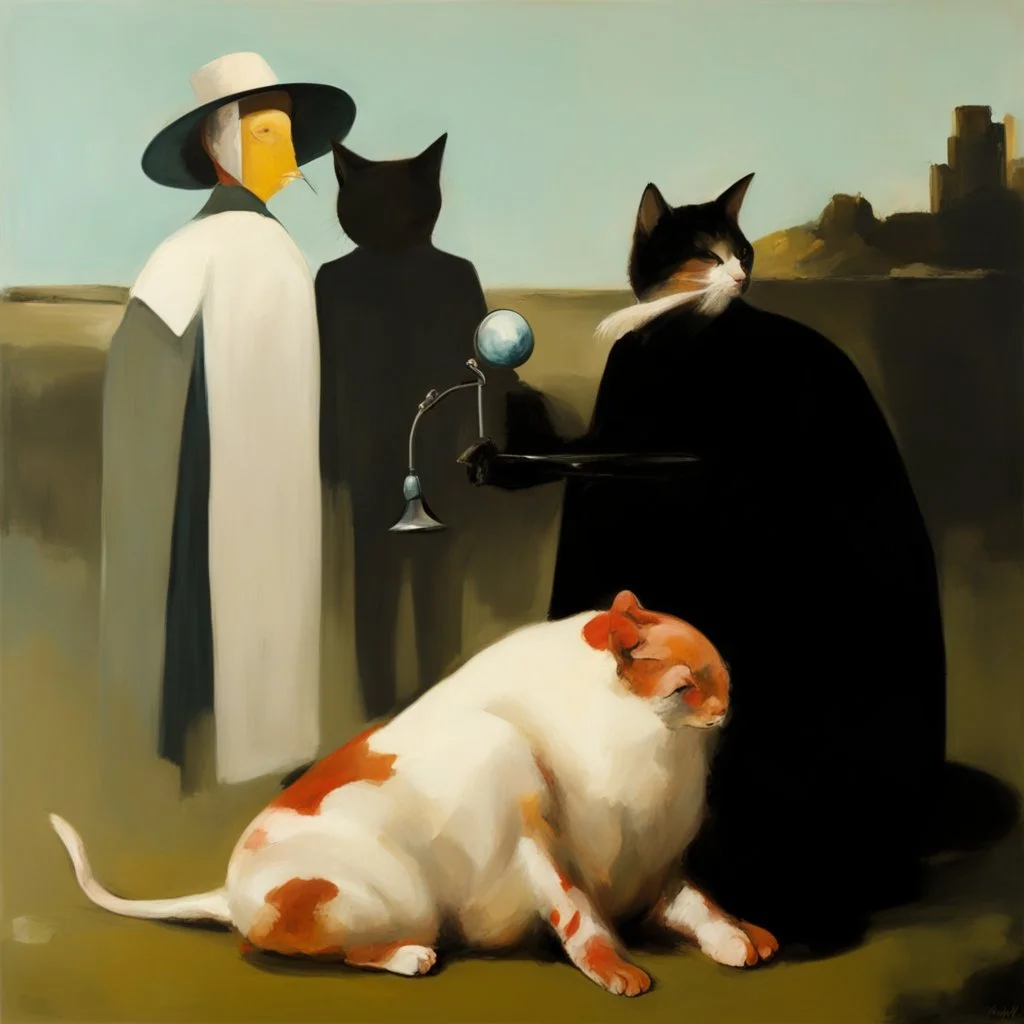 UN conference,a cat and human flesh-like surgical instruments and universe-like a pigeon and neuralink, surrealism,minimalism,Painting By Adrian Ghenie, Rene Magritte, Salvador Dali, Lucian Freud