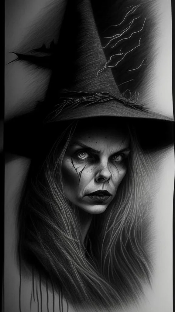 pencil drawing of witch, Spooky, scary, halloween, realistic, black paper