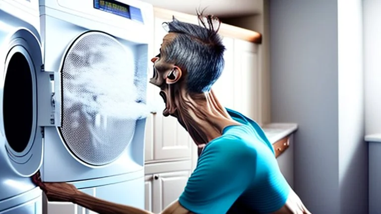 very skinny man is unable to lift damaged dryer