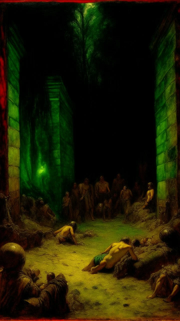 from inside a trench from the first world war traced between the remains of coconuts, in the background a brutal war rages, small and colorful cyberpunk creatures swarm through the floor and air, agony and despair in front of the final battle in the style by Gustave Courbet