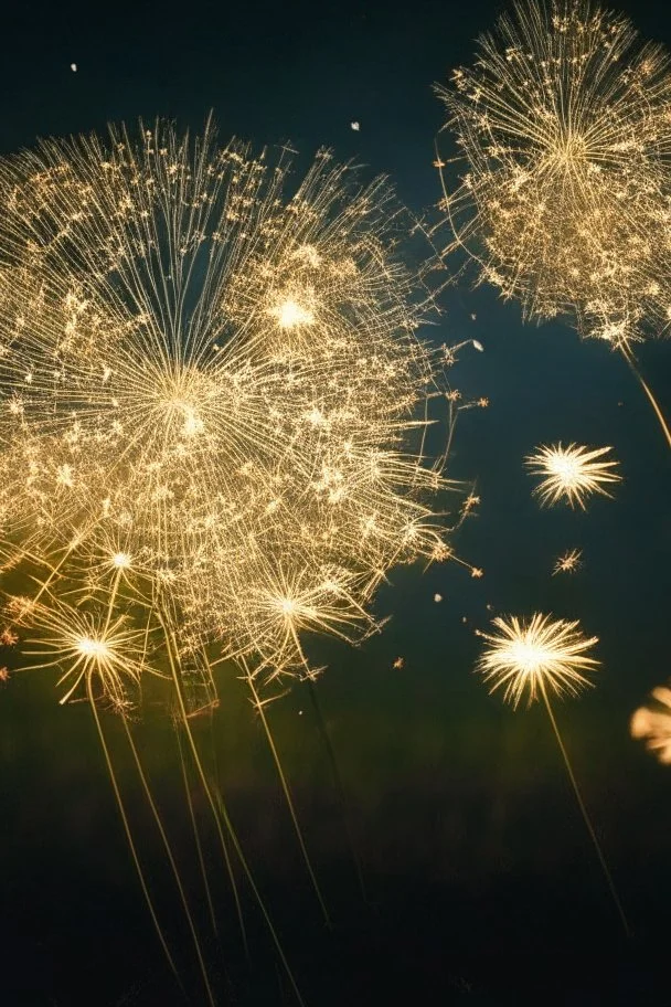 Dandelions glowing like fireworks in the sparkling summer night