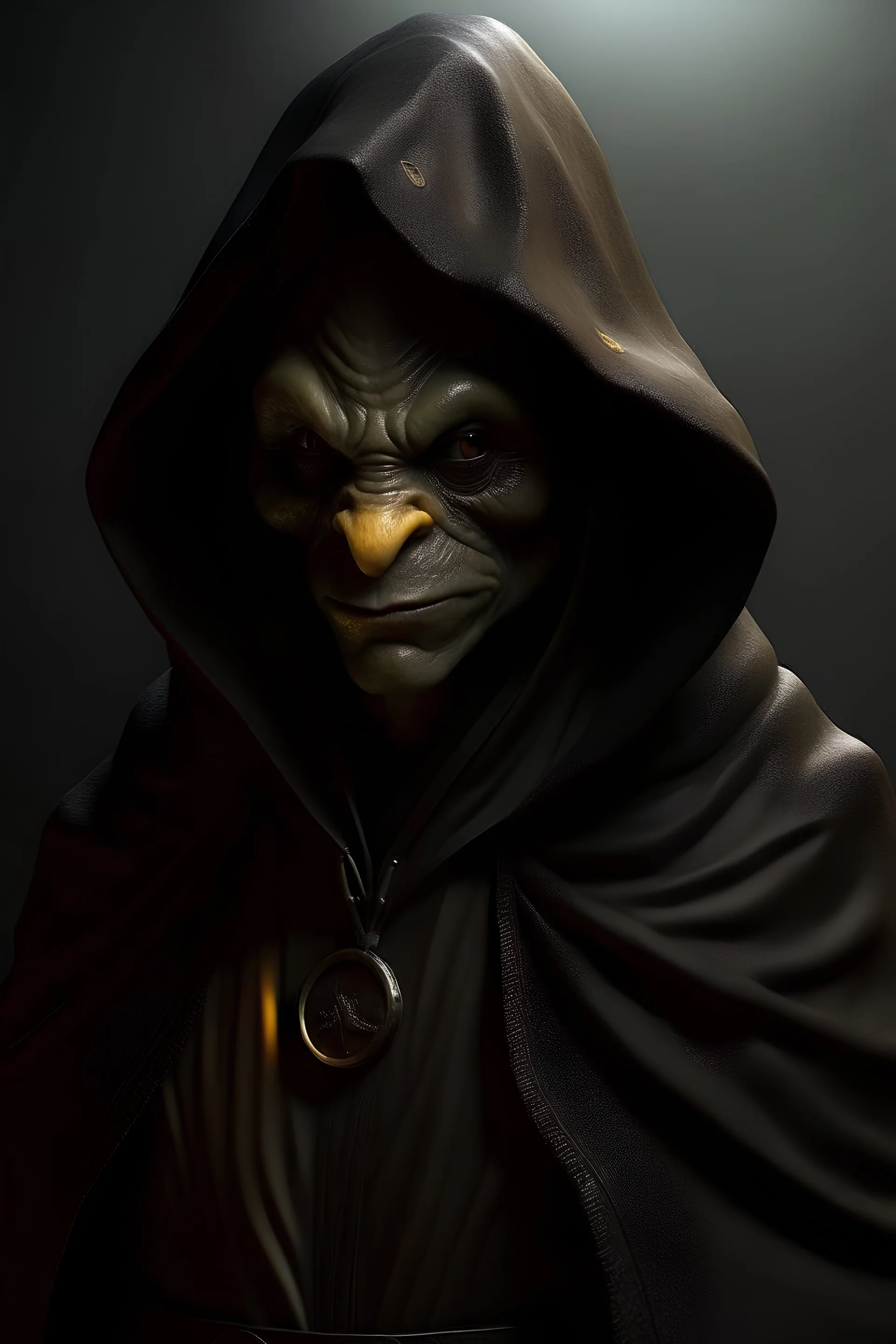 attractive, very dark green skin, male goblin, goblin ears poking through black hood, yellow eyes, wearing full leather armor, a black hooded cloak and a full face mask, dark shadowy room