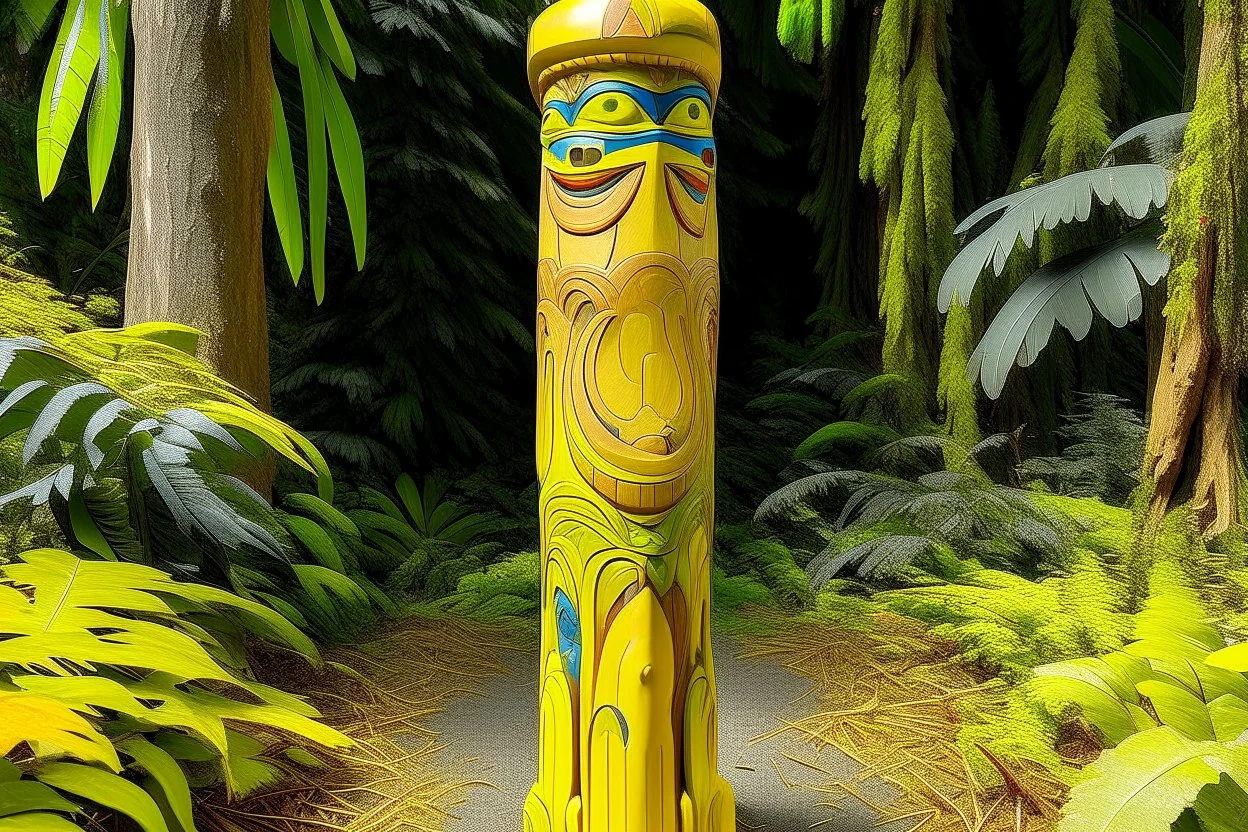 A light golden yellow oasis with fruit designed in pacific Northwest totem poles painted by Karl Wiener