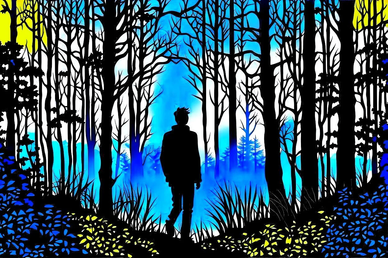 a backdrop of dusk a solitary figure silhouette of a person, is depicted, moving away from the viewer into a dense forest in a misty landscape, hinting at the need for secrecy and seclusion. The colors could be muted, evoking a sense of mystery and suspense. deep colors, harmonic stunning colors transition, black ink, mystic, surreal style, detalied, high textures, alone mood