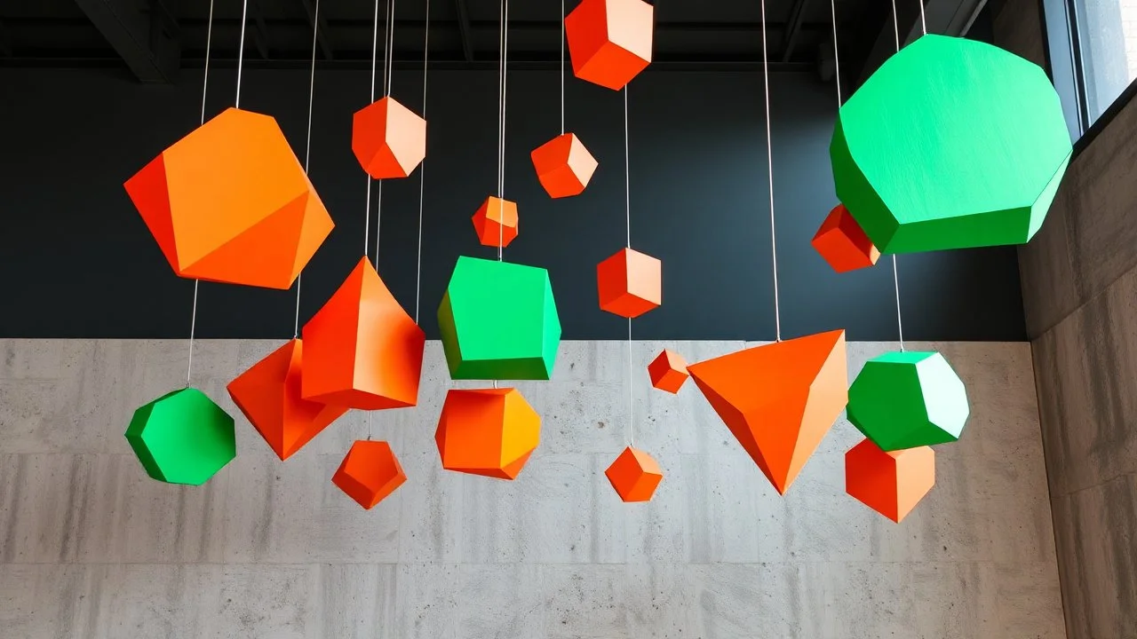 Create a contemporary art installation using suspended geometric shapes in vibrant shades of orange and GREEN. The shapes should vary in size and orientation, creating a dynamic, three-dimensional effect. The background should have a minimalist aesthetic, with a combination of neutral colors and textured surfaces, such as CONCRETE OR STUCCO, that enhance the focus on the hanging elements.