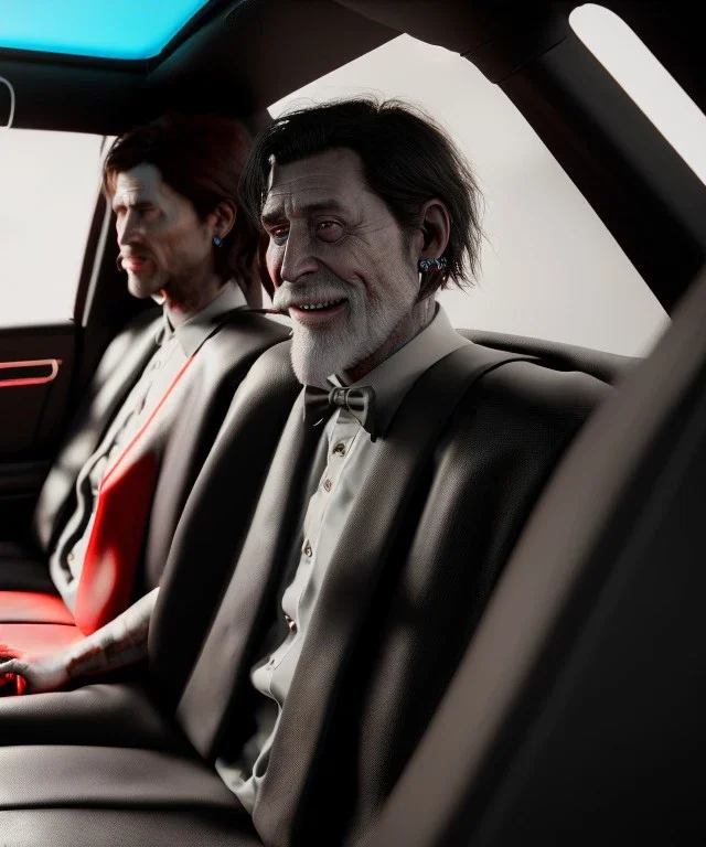 Ultra realistic back seat of limousine image, wide angle view, homeless men and woman, grunge dress style, old clothing, hair, many jelly beans, balls, smoke, smile, happy, extreme, soft color, highly detailed, unreal engine 5, ray tracing, RTX, lumen lighting, ultra detail, volumetric lighting, 3d, finely drawn, high definition, high resolution.