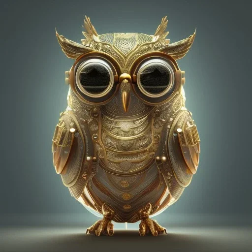 Steampunk Owl,full body shining gold metal, elegant, bokeh, volumetric lighting, extreme detail, Photorealism, macro lens 100mm, cinema4d, HDR, 8k, unreal engine 5