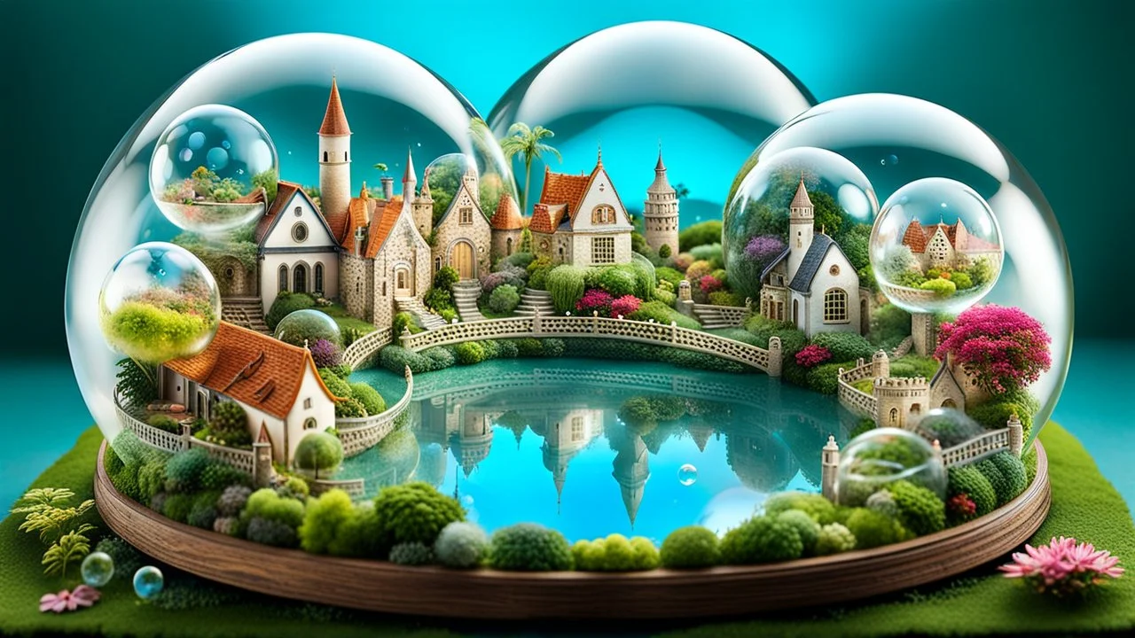 A stunning 3D render of miniature worlds, captured in floating transparent bubbles. Each bubble showcases a unique scene, such as quaint villages, mystic, gardens, tropical island, enchanting castles, alien palnet, or whimsical fairy-tale landscapes. The miniature towns with featuring quaint houses, markets, and charming residents. In the gardens colorful delicate flowers and lush greenery. The castles are majestic and grand, with towers, big gates. Unusual and captivating plants coexist with ma