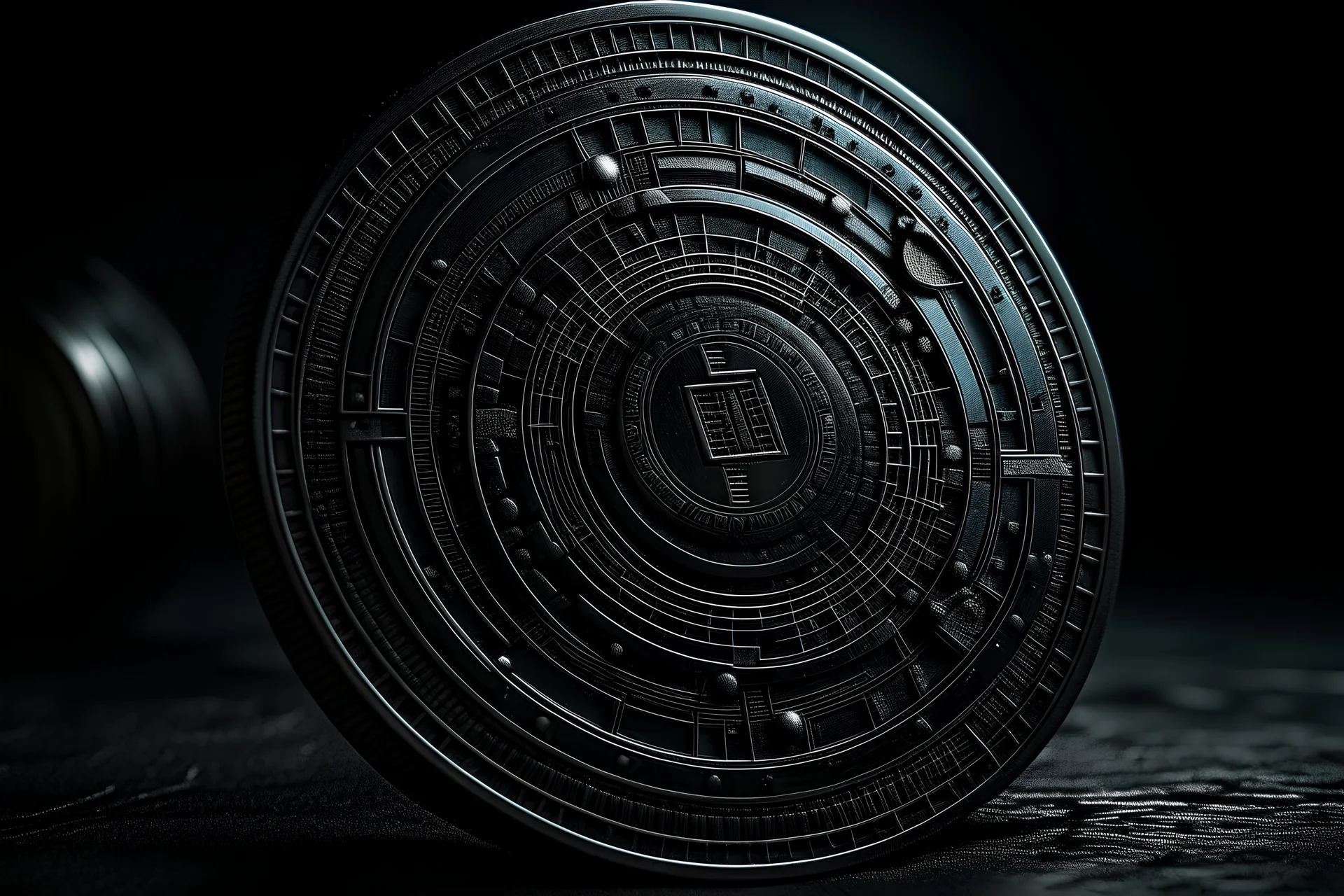 A captivating color photo of Digital Universe Coin unveils its mesmerizing and ominous allure. Cloaked in deep shades of obsidian and smoky grays, the coin exudes mystery and intrigue. Intricate circuitry patterns and cryptic symbols hint at hidden knowledge. Shot with specialized low-light equipment, this collaboration captures the enigmatic essence. —c 10 —ar 2:3