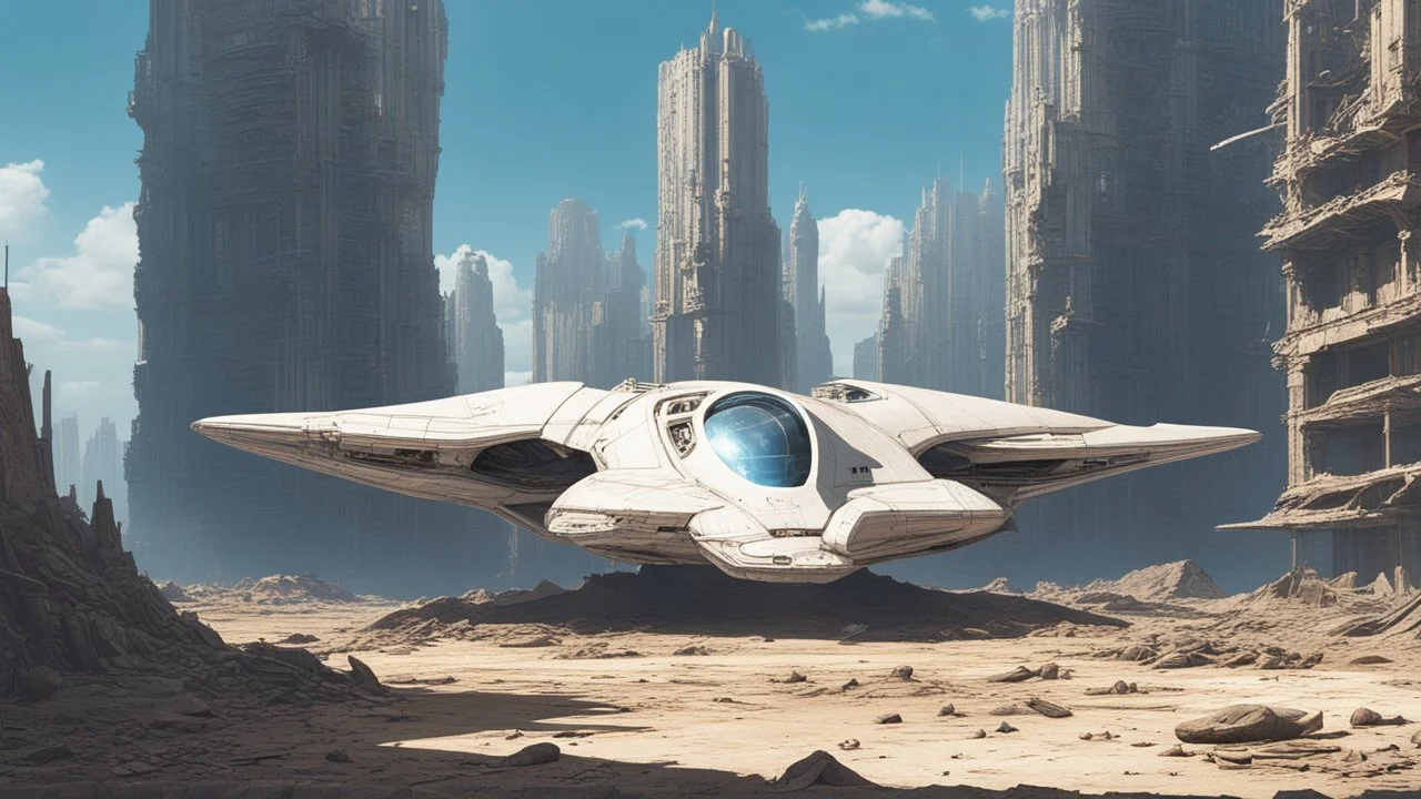 A small, wide, squat, sleek Spaceship in a ruined alien city, surrounded by tall damaged buildings, clear blue sky, small white clouds, photorealistic