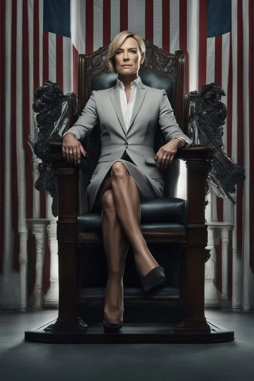 Robin Wright in The House of Cards, reimagined by industrial light and magic, sitting in the chair, final season, movie poster