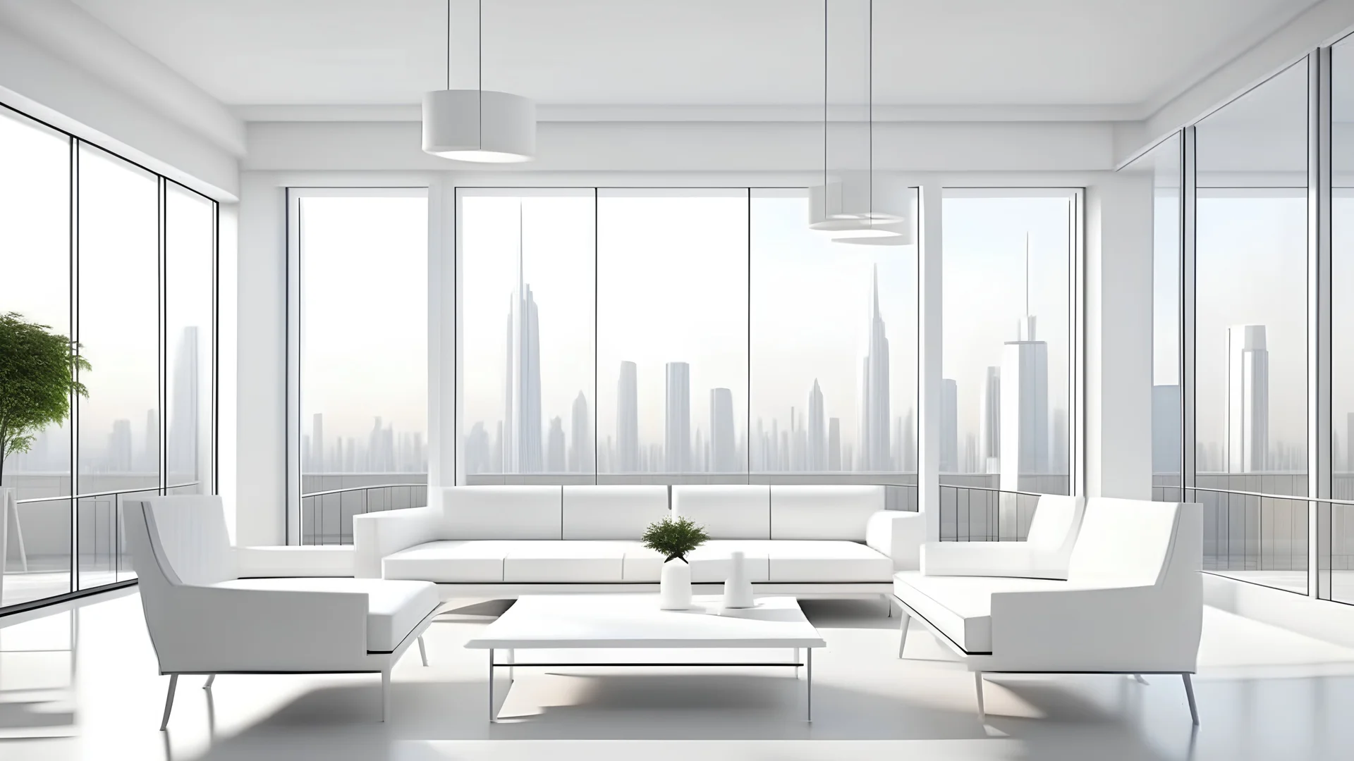 White conference interior with work table and armchairs, side view relax corner with sofa and shelf with decoration. Panoramic window on skyscrapers. 3D rendering