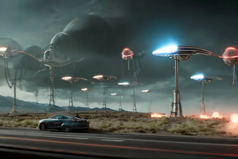 A Tesla 'Semi' (semi truck) is going at a high speed, in the battle against Martians of "The War of the Worlds". (CINEMATIC, WIDE ANGLE LENS, PHOTO REAL)