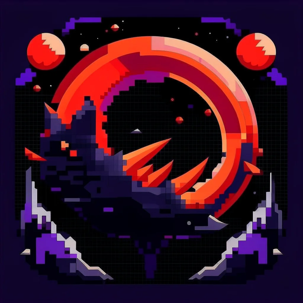 combining darkness and celestial elements. Feature a stylized eclipse at the center, with the moon partially covering the sun, casting claw-like shadows. Use deep purple fading into fiery orange-red. Surround the eclipse with jagged metallic shapes, make it 8bit and retro.