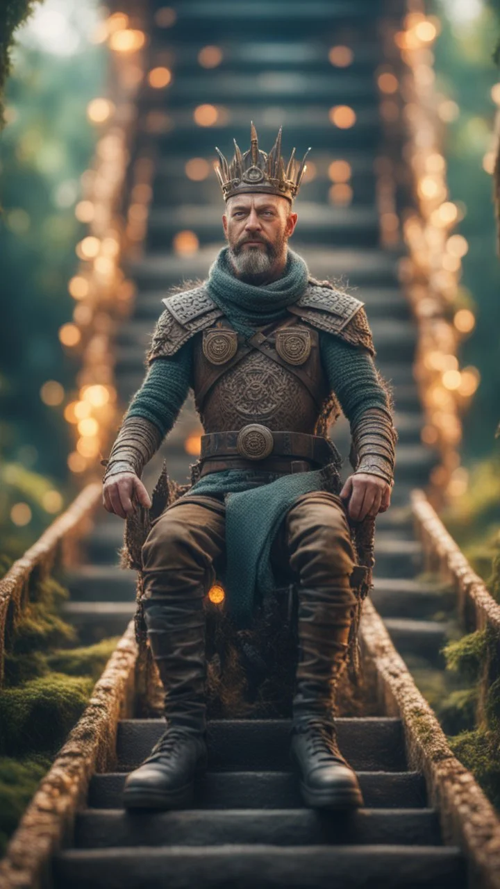 close up portrait of a happy blessed ancient magical king mad max soldier standing on a throne in a space alien mega structure with stairs and bridges woven into a sacred geometry knitted tapestry in the middle of lush magic forest, bokeh like f/0.8, tilt-shift lens 8k, high detail, smooth render, down-light, unreal engine, prize winning