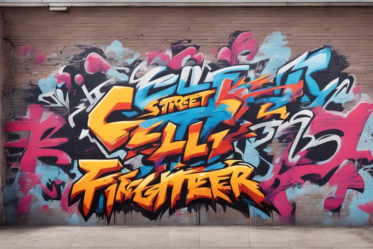 a graffiti mural wall with the word cell street fighter 6 style