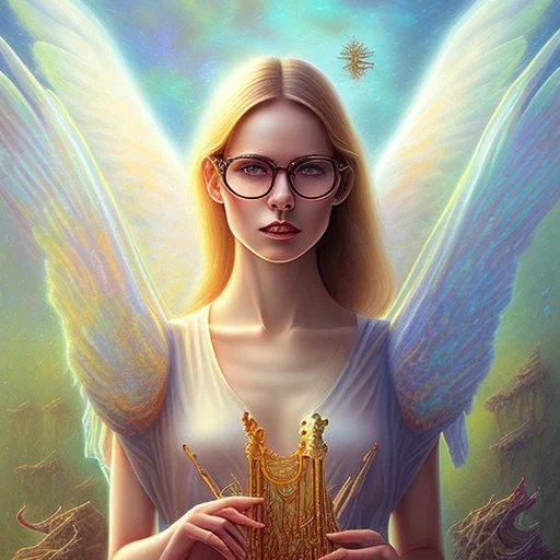 water color and spray painting fantasy art, portrait angel,wearing glasses,holding harp, standing in portal to wet forest world from desert world with camels,poetry book illustration