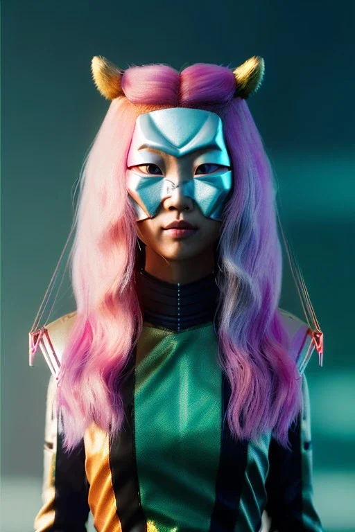 portrait, Asian cyborg woman, samurai warrior :: symmetry photography, cyberpunk style, pink hair, wires conveying, perfect eyes, samurai helmet, tiger mask, black samurai army, katana, japanese traditional ornaments, pink, white, black, glow eyes, cinematic, Ultra realistic, dark scene, soft color, highly detailed, unreal engine 5, RTX, ultra detail, 3d, finely drawn, high definition.