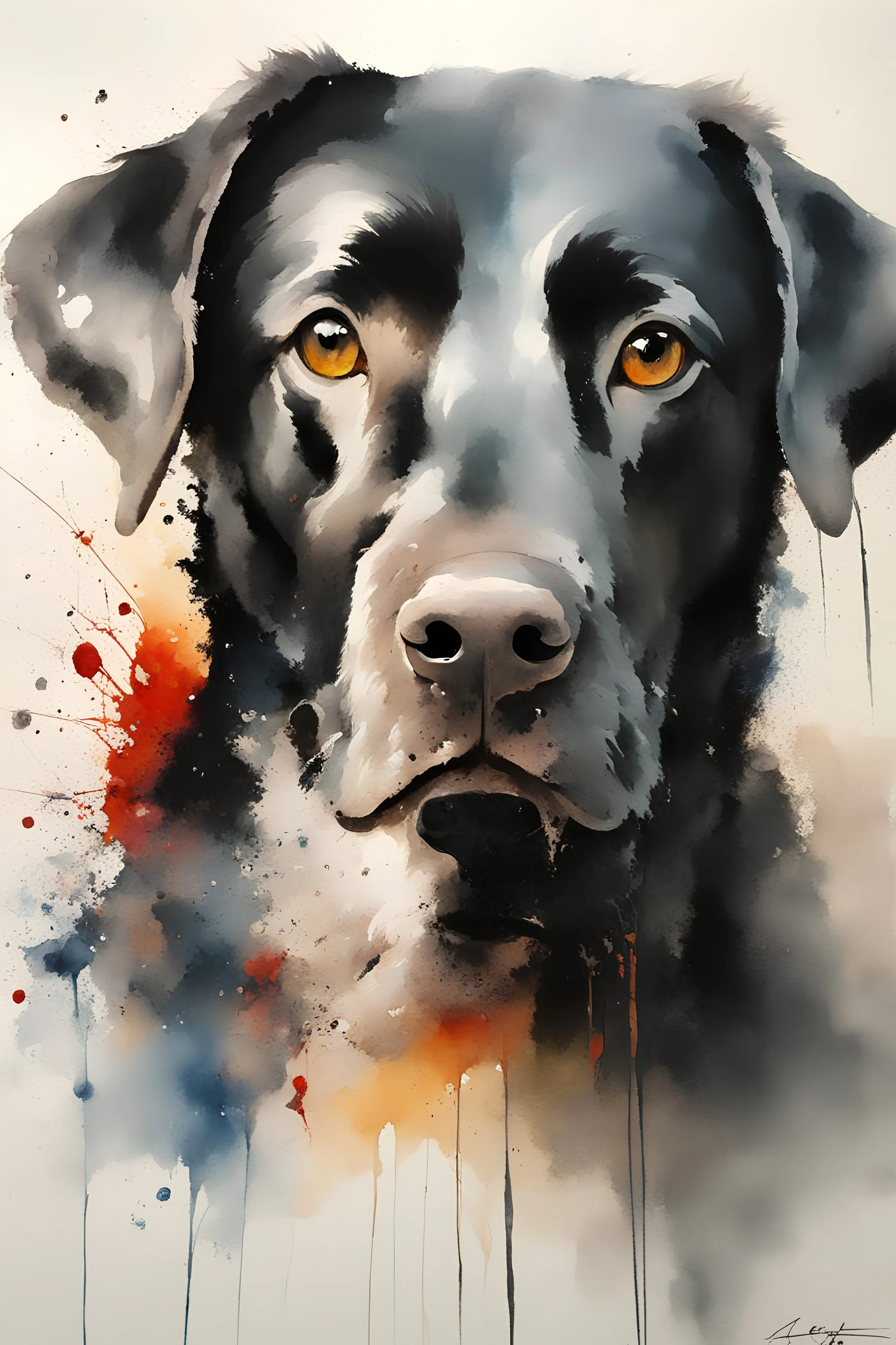 A portrait of black Labrador by Willem Haenraets, watercolor, on watercolor paper, wet on wet and splattering techniques, centered, perfect composition, abstraction, surrealism